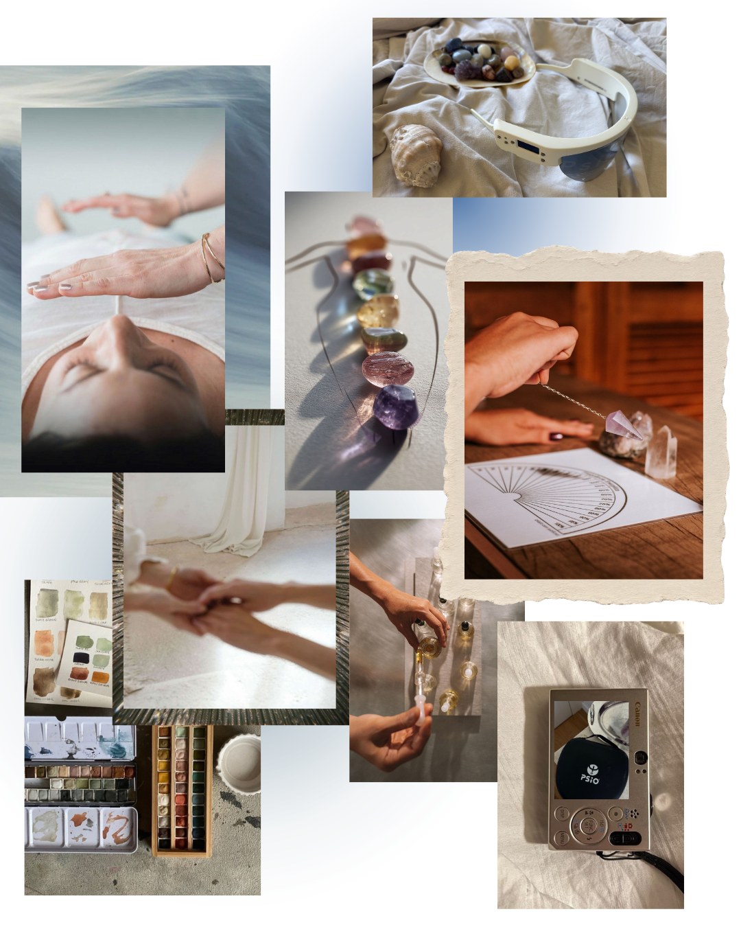 Collage de photos illustrant les pratiques : soin énergétique, lithothérapie, radiesthésie, élixirs floraux, art-thérapie